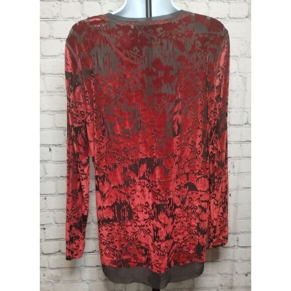 Simply Vera Wang Shirt Womens Size L Red Grey Black Velvet Floral Semi Sheer - Picture 5 of 10